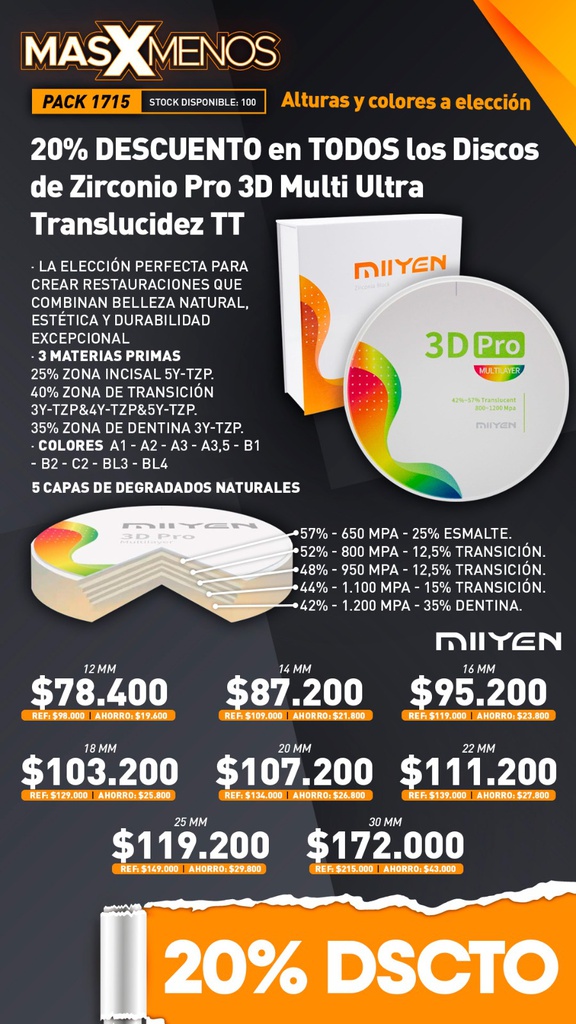 Disco de Zirconio Pro 3D Multi Ultra Translucidez TT 16 mm Miiyen