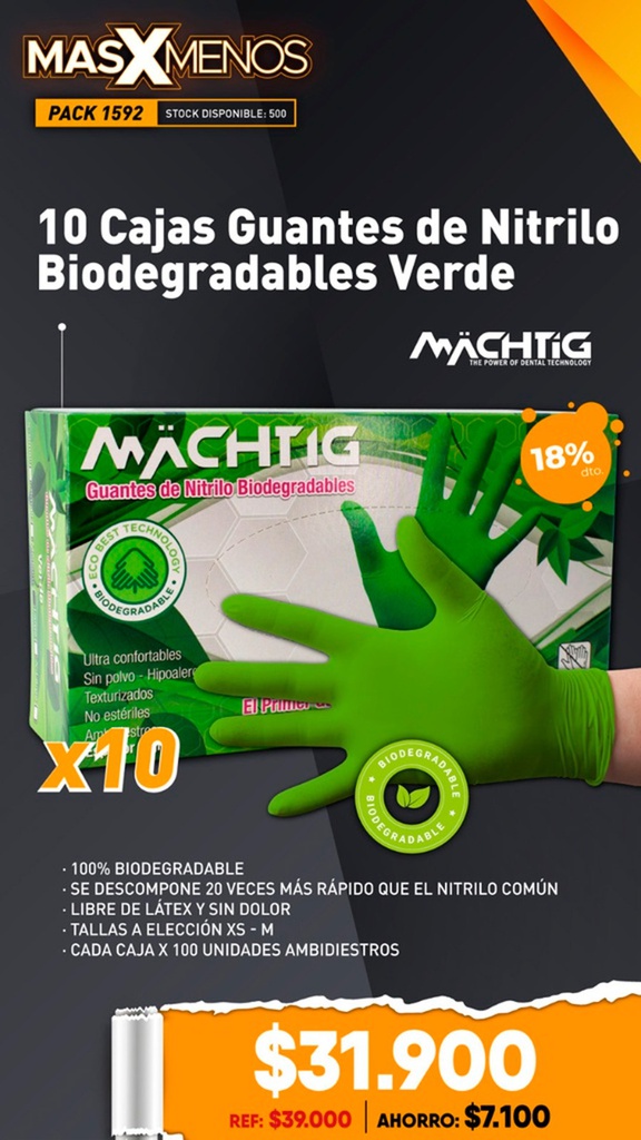 10 Cajas Guantes de Nitrilo Biodegradables Verde Machtig