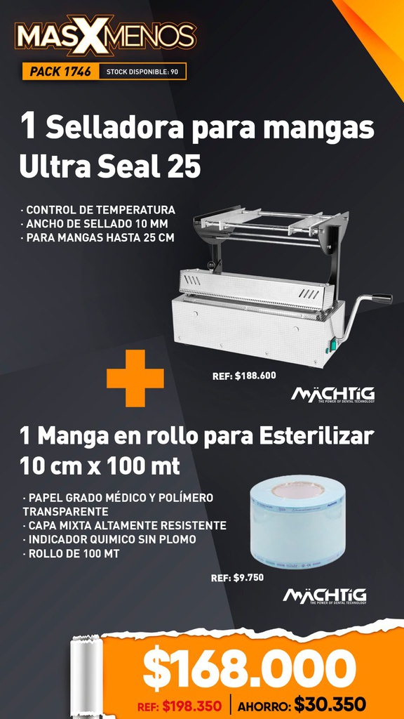 1 Selladora para mangas Ultra Seal 25 + 1 Manga en rollo para Esterilizar 10 cm x 100 mt Machtig