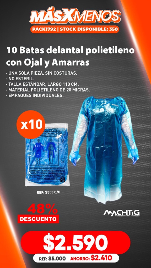 10 Batas delantales polietileno con Ojal y Amarras Machtig