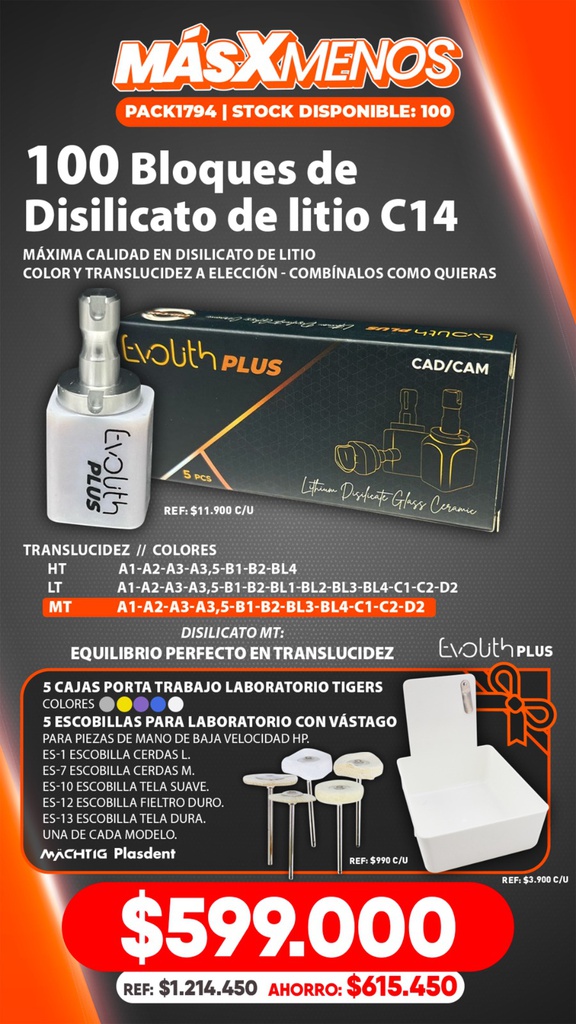 100 Bloques de Disilicato de litio C14 Evolith Plus + Regalos