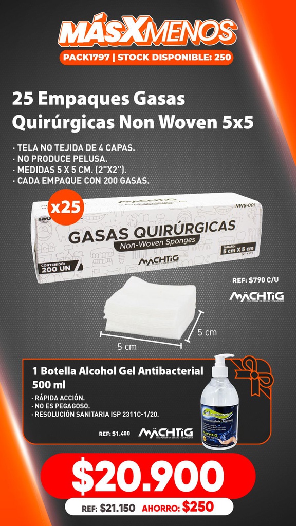 25 Gasas Quirúrgicas Non Woven 5x5 Machtig + Regalo