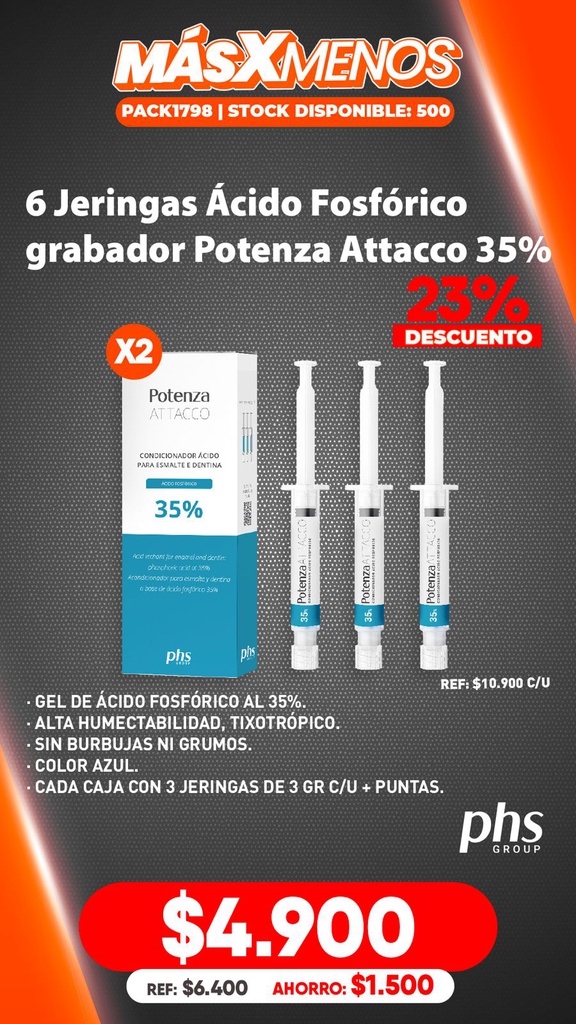 6 Jeringas Ácido Fosfórico grabador Potenza Attacco 35% PHS