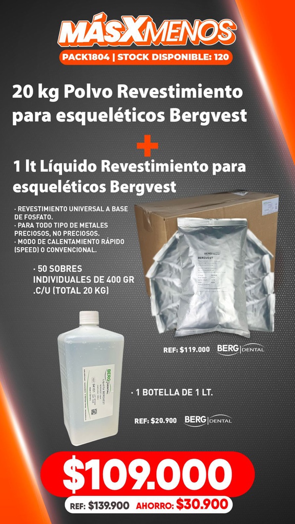 20 kg Polvo Revestimiento para esqueléticos Bergvest + 1 lt Líquido Bergvest Berg dental