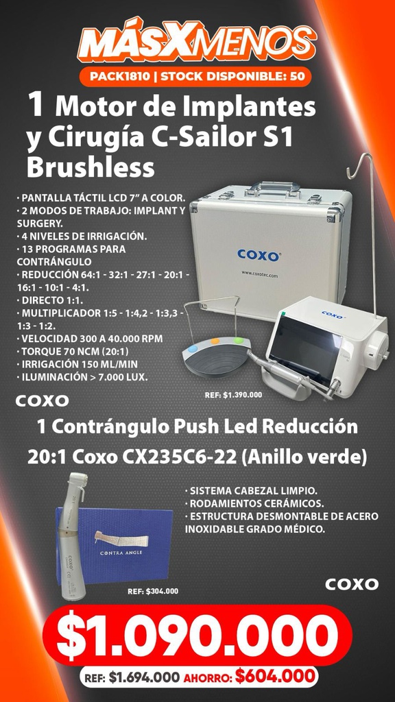 1 Motor de Implantes y Cirugía C-Sailor S1 Brushless + 1 Contrángulo Push Led Reducción 20:1 Coxo CX235C6-22 (Anillo verde)