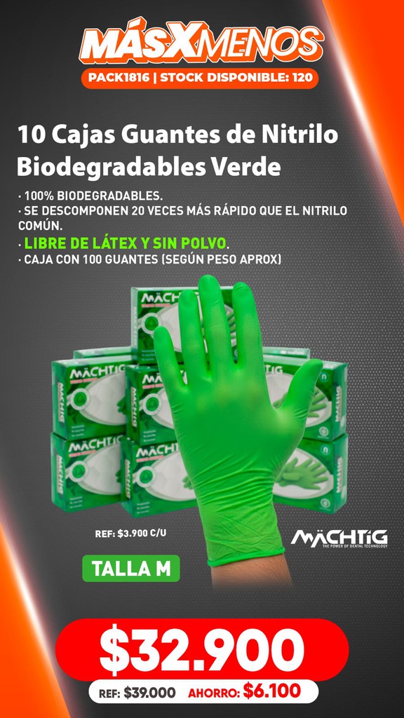 10 Cajas Guantes de Nitrilo Biodegradables Verde Machtig