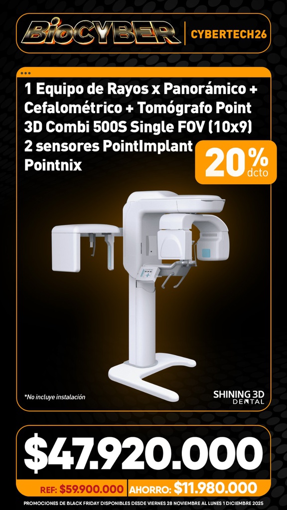 1 Equipo de Rayos x Panorámico + Cefalométrico + Tomógrafo Point 3D Combi 500S  Single FOV (10x9) 2 sensores PointImplant Pointnix