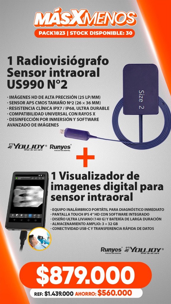 1 Radiovisiógrafo Sensor intraoral US990 N°2 Youjoy + 1 Visualizador de imagenes digital para sensor intraoral Youjoy