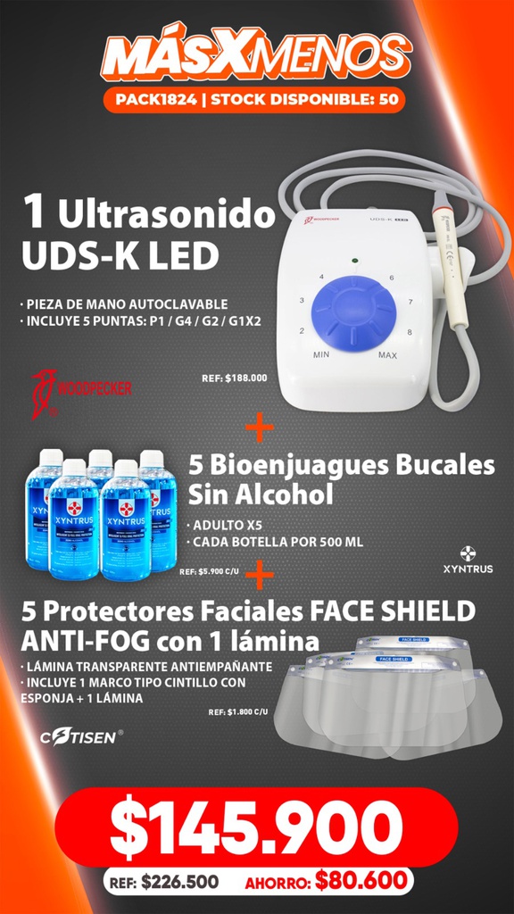 1 Ultrasonido UDS-K LED Woodpecker + 5 Bioenjuagues Bucales Sin Alcohol Xyntrus + 5 Protectores Faciales FACE SHIELD ANTI-FOG con 1 lámina Cotisen