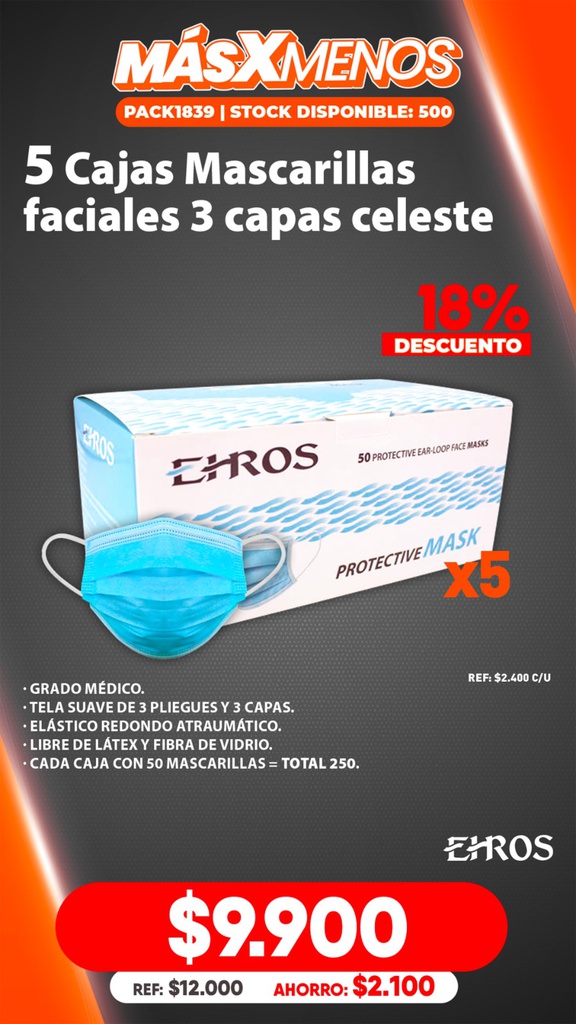 5 Cajas Mascarillas faciales 3 capas Ehros