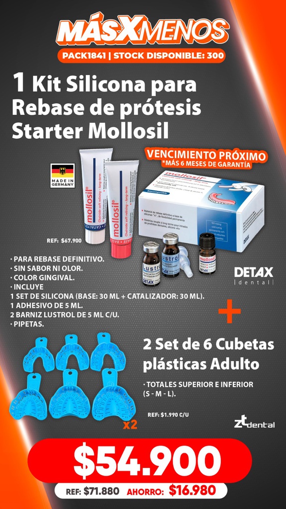 1 Kit Silicona para Rebase de prótesis Starter Mollosil Detax + 2 Set de 6 Cubetas plásticas Adulto ZT Dental
