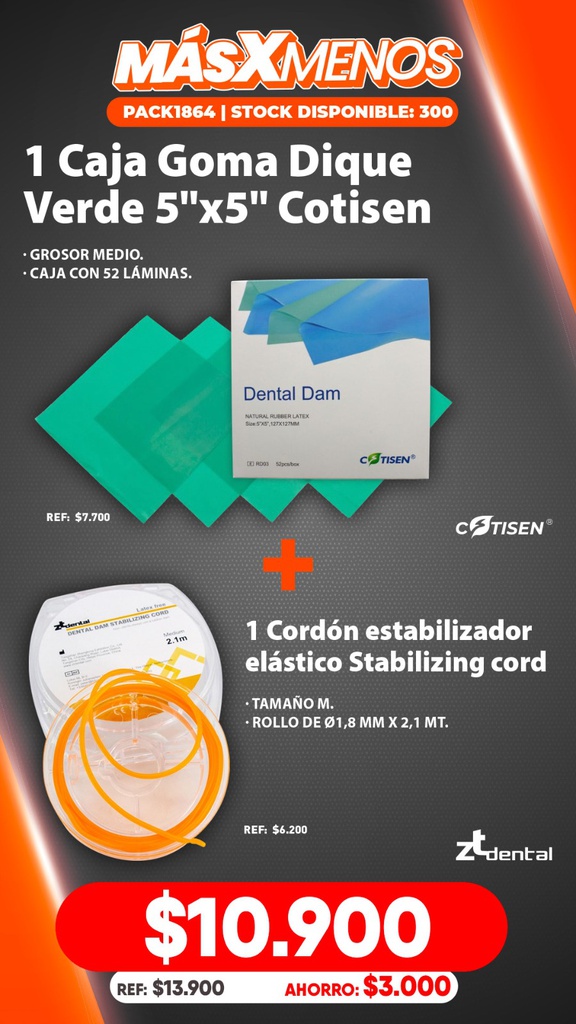 1 Caja Goma Dique Verde 5"x5" Cotisen + 1 Cordón estabilizador elástico Stabilizing cord ZT Dental