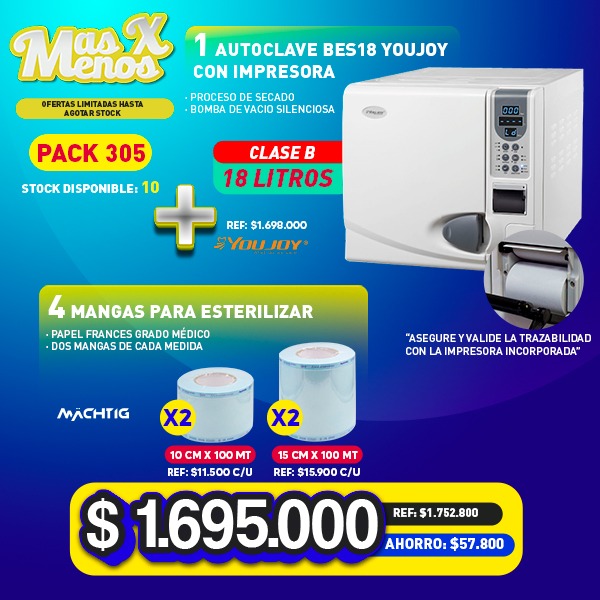 1 Autoclave BES18 clase B Youjoy + 2 Mangas 10 cm + 2 Mangas 15 cm Machtig