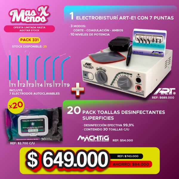 1 Electrobisturi con 7 puntas ART-E1 Bonart + 20 Pack Toallas desinfectantes Superficies