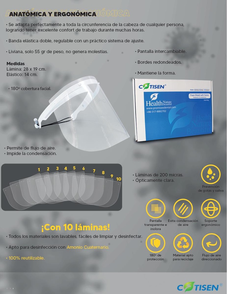 Protector Facial Face Shield Anti-Fog con 10 láminas Cotisen