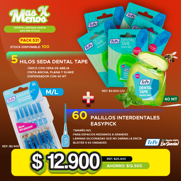 5 Hilos Seda Dental Tape + 60 Palillos Interdentales Easypick M-L Tepe