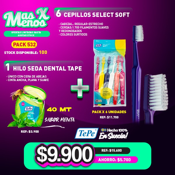 6 Cepillos Dentales Select Soft + 1 Hilo Seda Dental Tape Tepe
