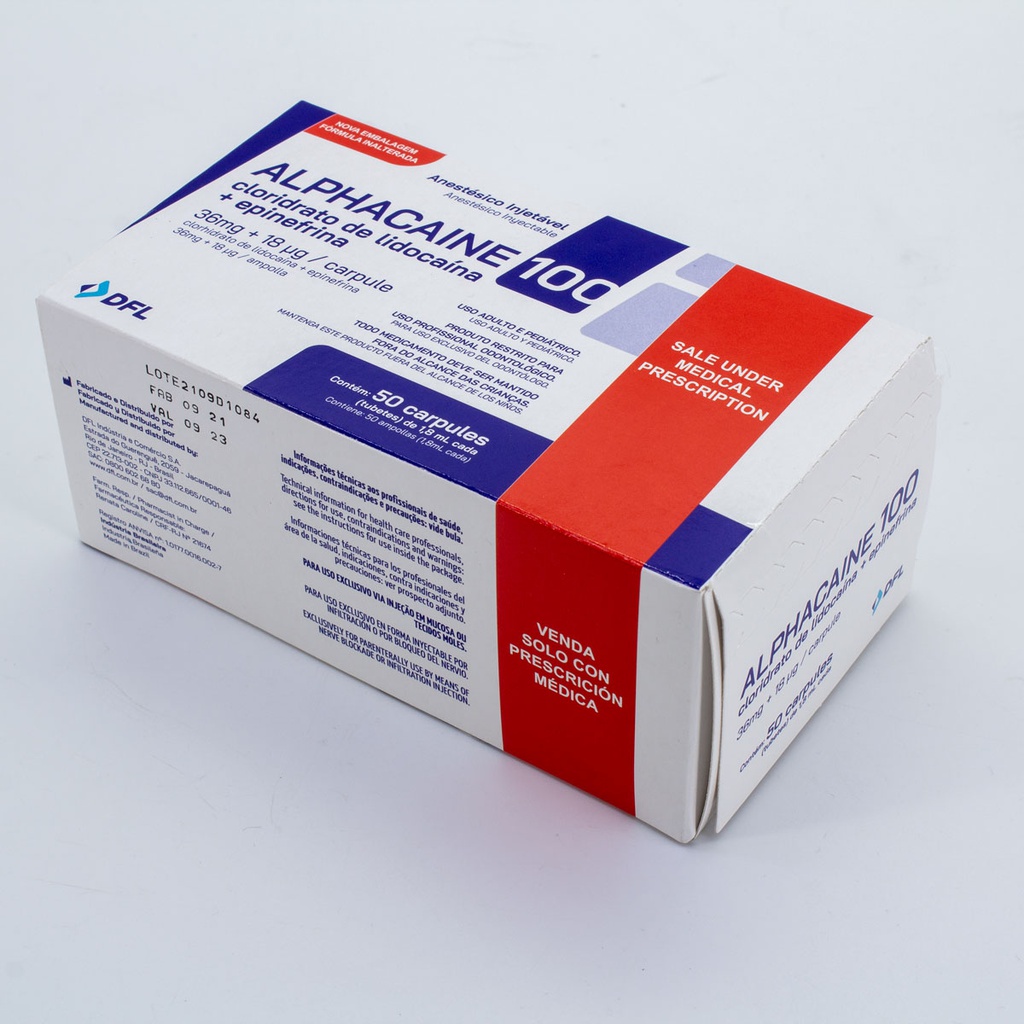 Anestesia Alphacaine 100 Lidocaína al 2% con Epinefrina DFL