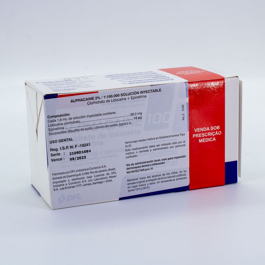 Anestesia Alphacaine 100 Lidocaína al 2% con Epinefrina DFL
