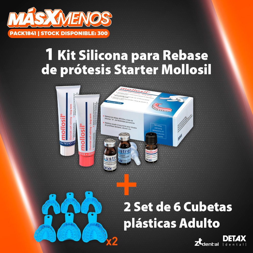 1 Kit Silicona para Rebase de prótesis Starter Mollosil Detax + 2 Set de 6 Cubetas plásticas Adulto ZT Dental