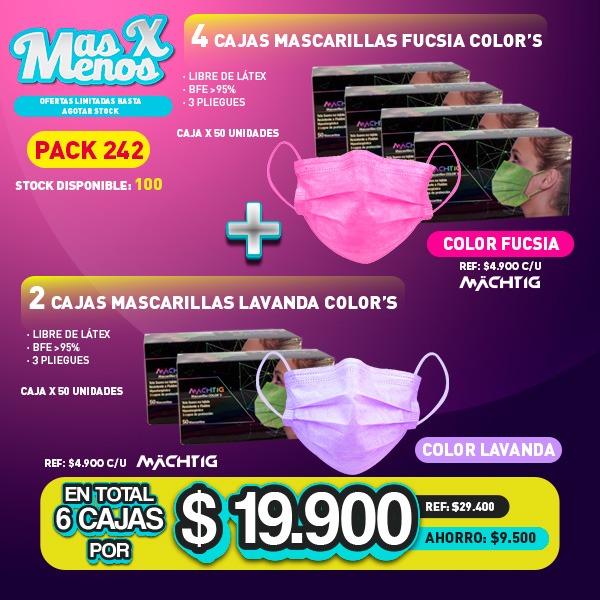 4 Cajas Mascarillas Fucsia + 2 Cajas Mascarillas Lavanda Color´s Machtig