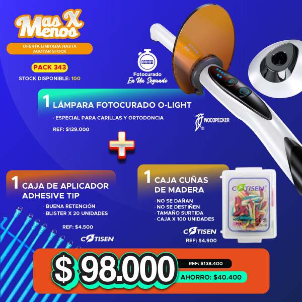 1 Lámpara fotocurado O-Light Woodpecker + 1 Caja Aplicador adhesivo Cotisen + 1 Caja Cuñas de madera surtidas Ehros