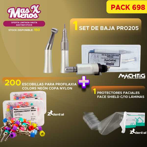 1 Set de Baja PRO205 M4 Machtig+200 Escobillas Profilaxia Colors Neón Copa Nylon ZT Dental+1 Protector Facial Face Shield Antifog ZT Dental