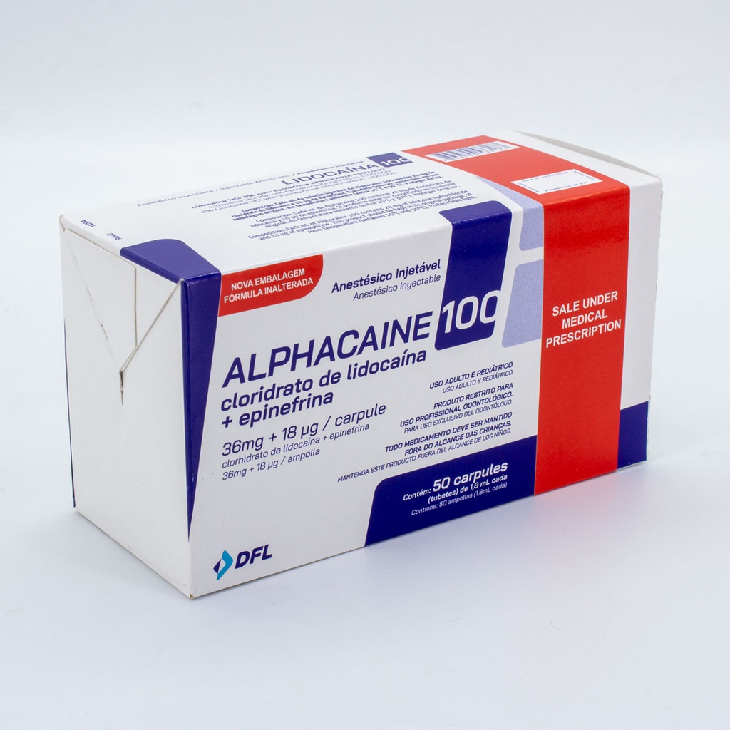 Anestesia Alphacaine 100 Lidocaína al 2% con Epinefrina DFL