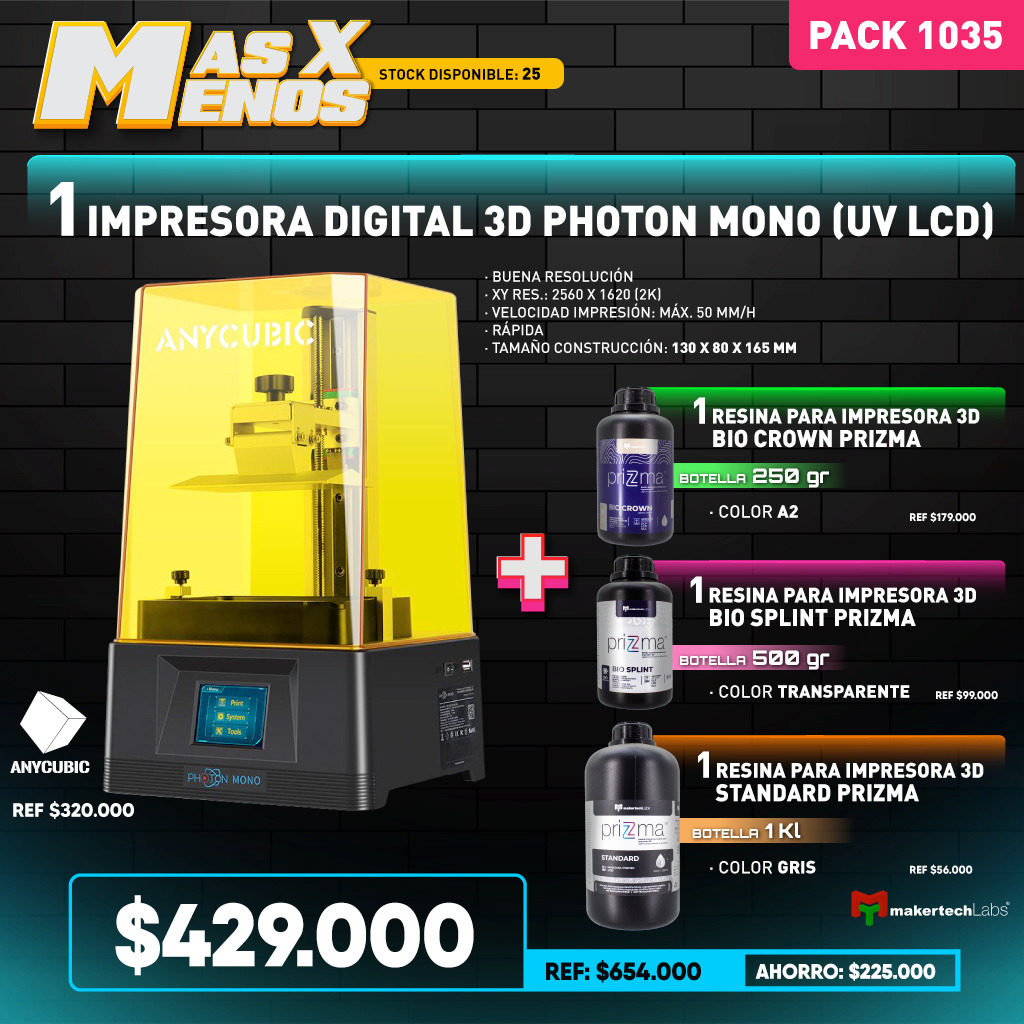 1 Impresora digital 3D Photon Mono (UV LCD) Anycubic + 3 Botellas de Resina Prizma
