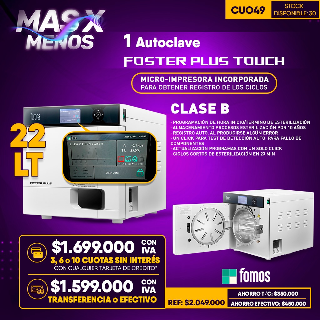 1 Autoclave Foster Plus Touch con impresora clase B  Fomos 22 Lts