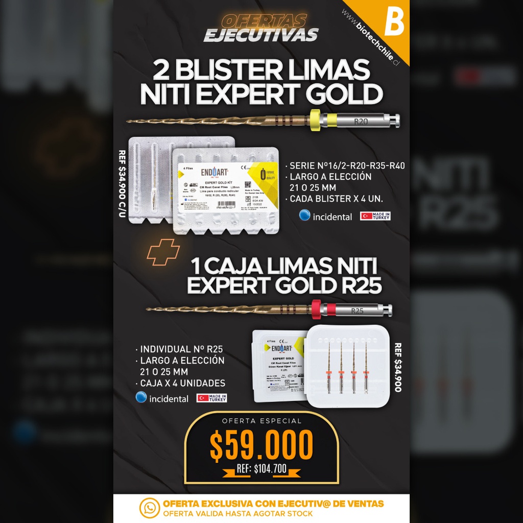 2 Blister Limas NiTi Expert Gold Endoart Serie + 1 Caja Limas NiTi Expert Gold Endoart N°R25 Incidental