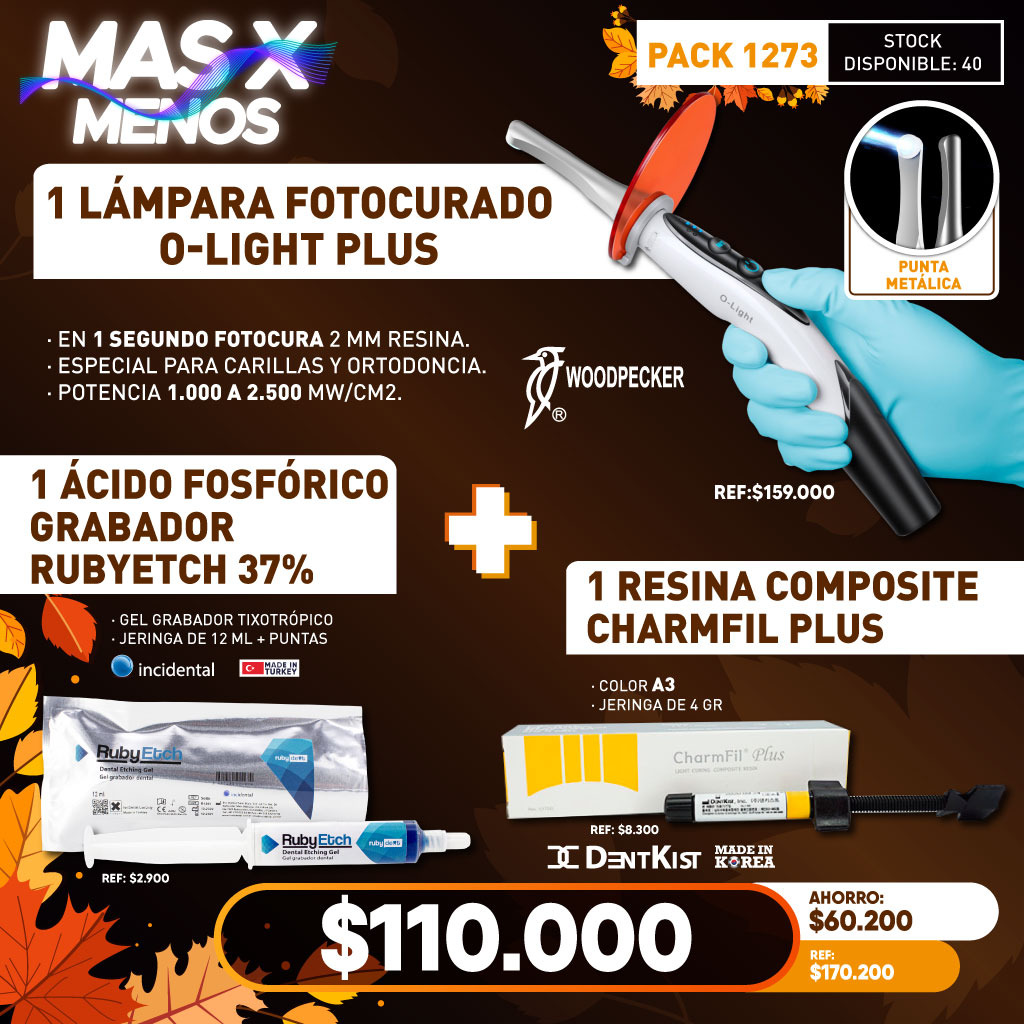 1 Lámpara O-Light Plus Woodpecker + 1 Resina CharmFil Plus Dentkist +  1 Ácido grabador RubyEtch 37% Incidental