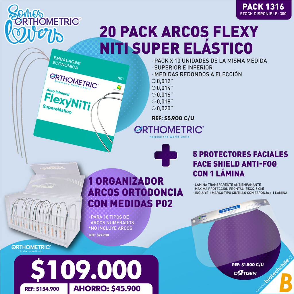 20 Pack Arcos Flexy NiTi Super Elástico + 1 Organizador Arcos Ortodoncia con Medidas Orthometric P02 + 5 Protectores Faciales Face Anti-Fog Cotisen