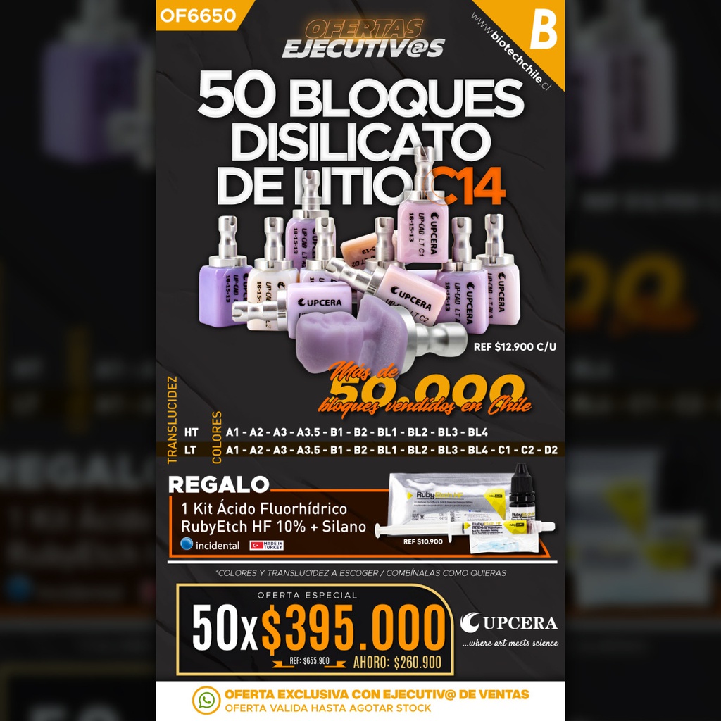 50 Bloques de Disilicato litio C14 LT Upcera + Regalo