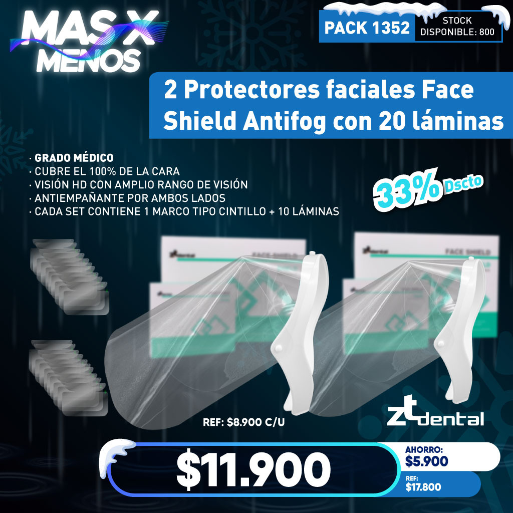 2 Protectores Faciales Face Shield Antifog con 10 láminas ZT Dental