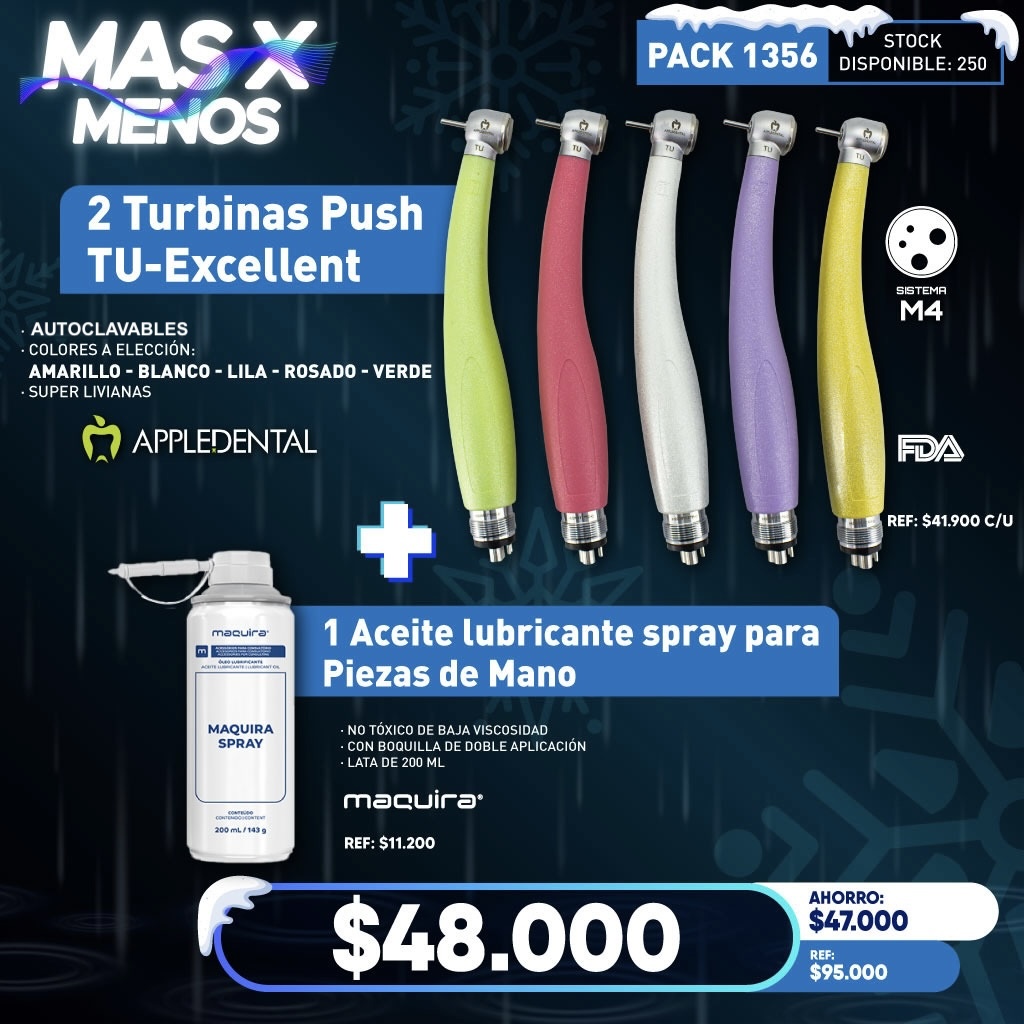 2 Turbinas Push TU-Excellent Appledental + 1 Aceite lubricante para Piezas de Mano Maquira