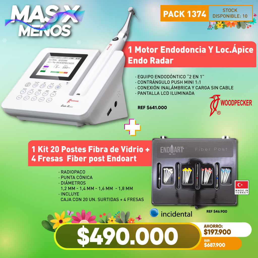 1 Motor Endodoncia y Loc.Ápice Endo Radar Woodpecker + 1 Kit de 20 Postes Fibra Vidrio y 4 Fresas Fiber post Endoart Incidental