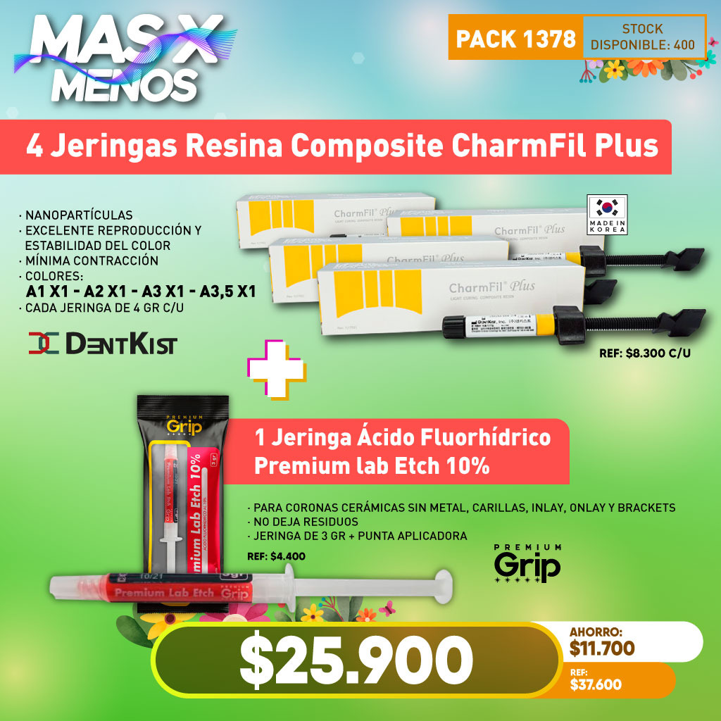 4 Jeringas Resina CharmFil Plus Dentkist + 1 Jeringa Ácido Fluorhídrico Premium lab Etch 10% Premium grip