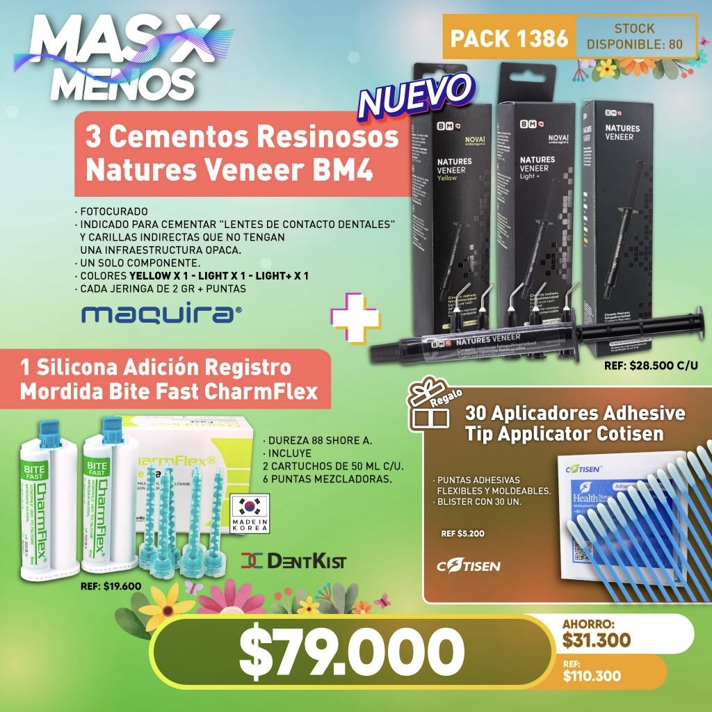 3 Cementos Resinosos Natures Veneer BM4 Maquira Group + 1 Silicona Registro Mordida Bite Fast CharmFlex Dentkist + Regalo