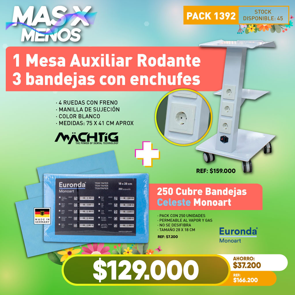 1 Mesa Auxiliar Rodante 3 bandejas con enchufes Machtig + 250 Cubre Bandejas Celeste Monoart Euronda