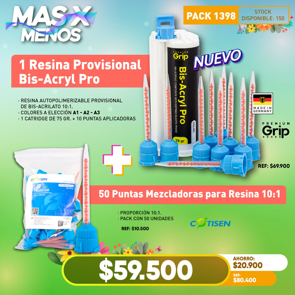 1 Resina Provisional Bis-Acryl Pro Premium Grip + 50 Puntas Mezcladoras 10:1 Cotisen