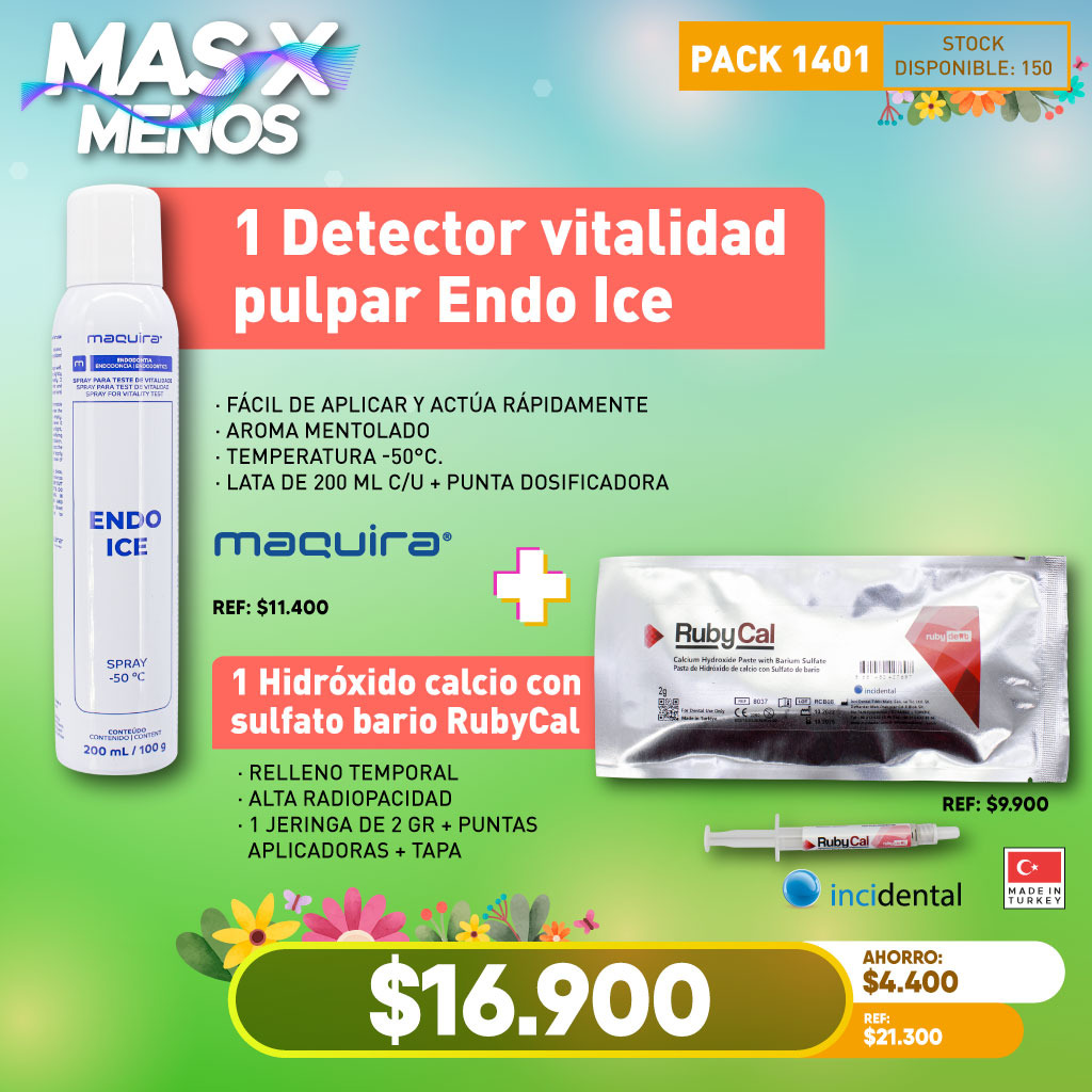 1 Detector vitalidad pulpar Endo Ice Maquira Group + 1 Hidróxido calcio con sulfato bario RubyCal Incidental