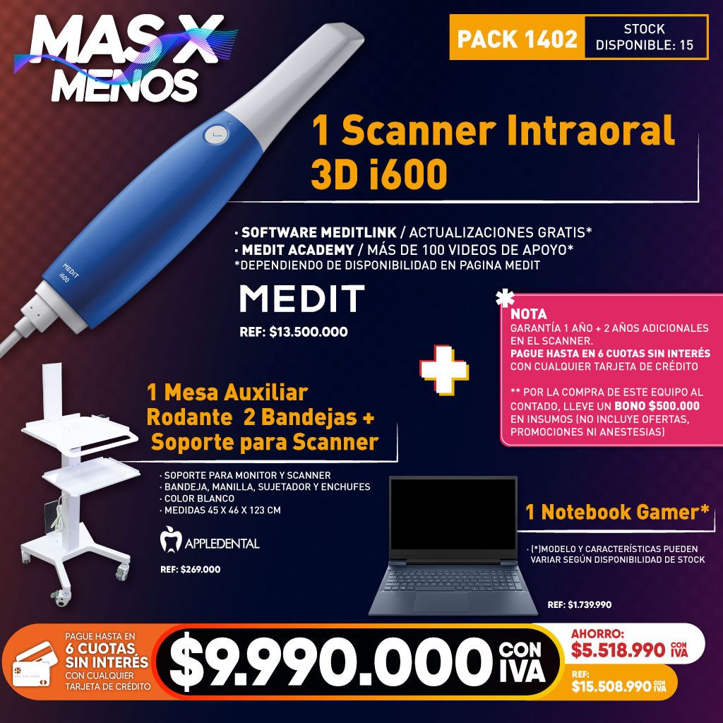 1 Scanner Intraoral 3D i600 Medit + 1 Mesa Auxiliar para Scanner Appledental + 1 Notebook