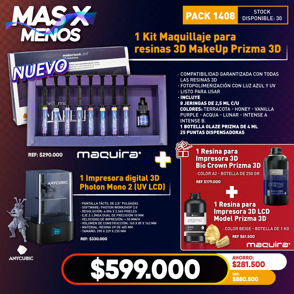 1 Kit Maquillaje resinas 3D MakeUp Prizma 3D Makertech Maquira +1 Impresora digital 3D Photon Mono 2 (UV LCD) Anycubic + Regalos