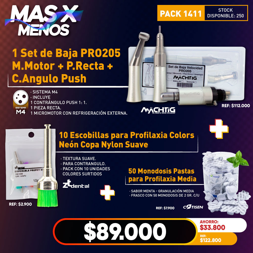 1 Set de Baja PRO205 Push Machtig + 10 Escobillas Profilaxia Colors Copa ZT Dental + 50 Monodosis Pastas Profilaxia Cotisen