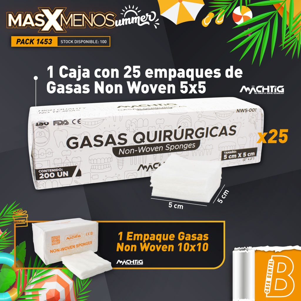 1 Caja con 25 Empaques Gasas Non Woven 5x5 Machtig + Regalo