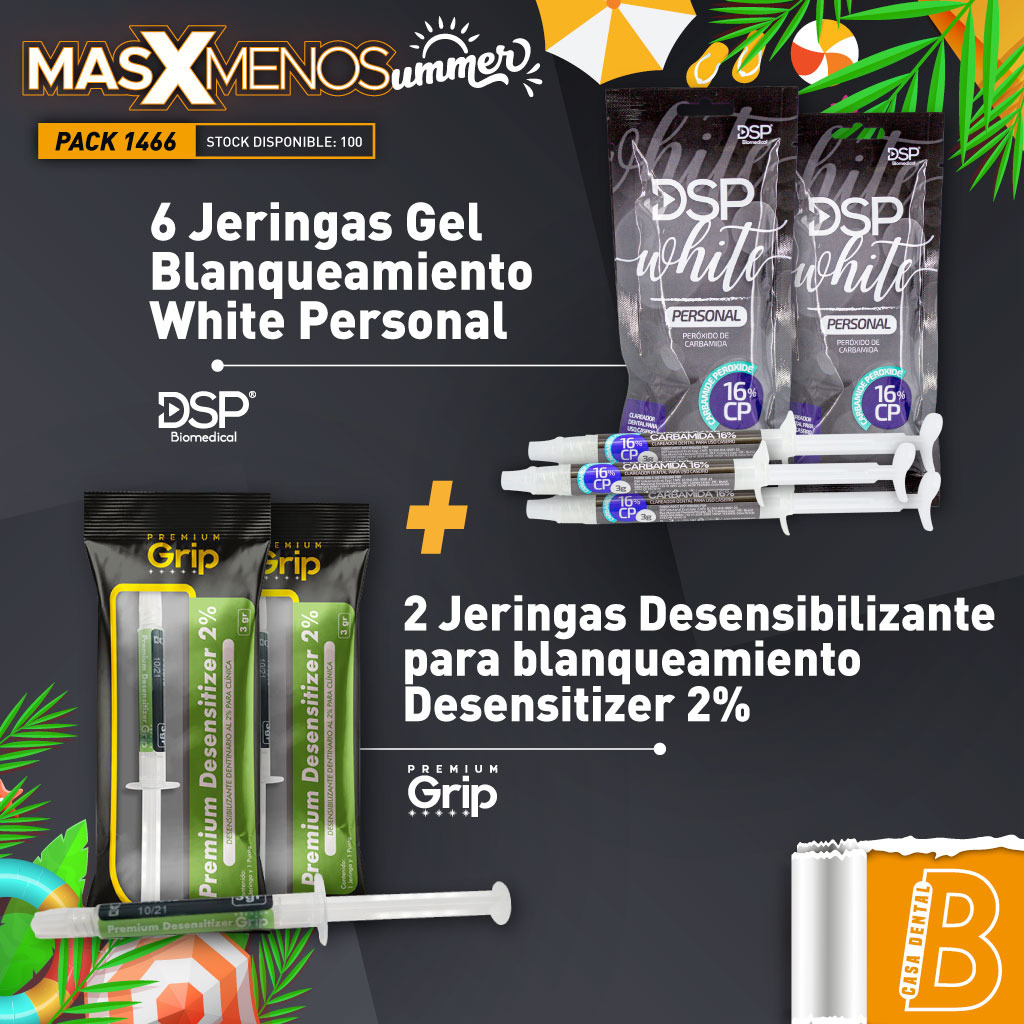 6 Jeringas Gel Blanqueamiento Peróxido Carbamida DSP White (16%) + 2 Jeringas Desensibilizante para blanqueamiento Premium Grip