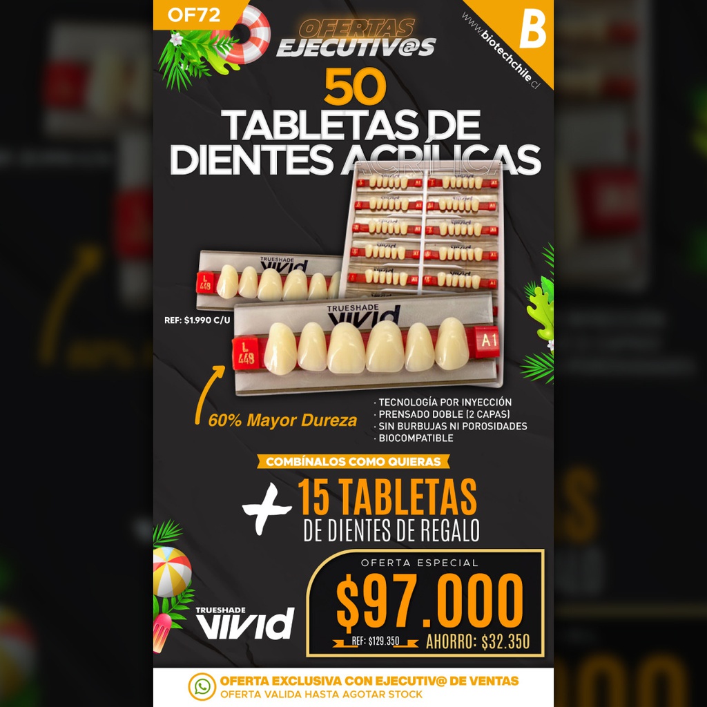 50 Tabletas de Dientes Acrílicos Vivid + Regalo 15 Adicionales
