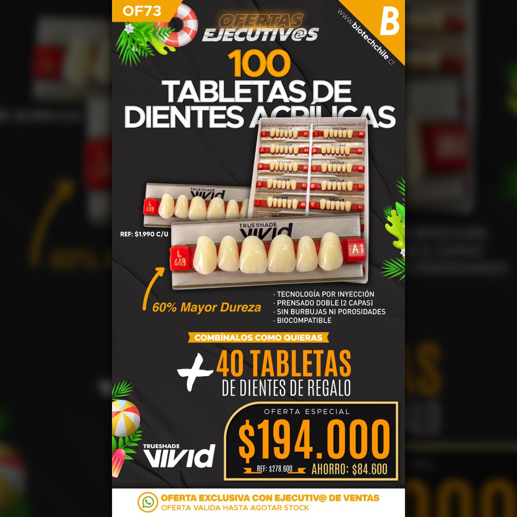 100 Tabletas de Dientes Acrílicos Vivid + Regalo 40 Adicionales