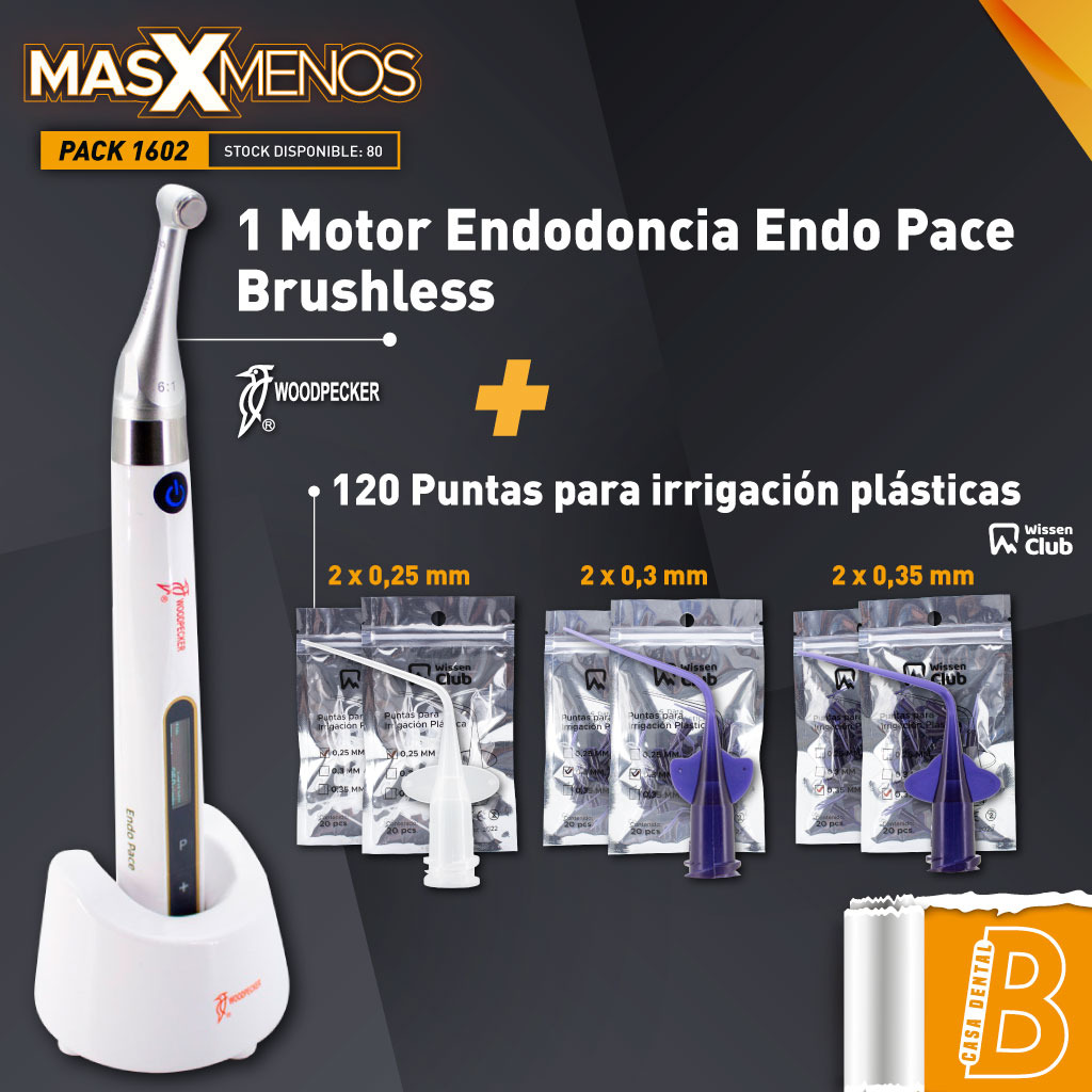 1 Motor Endodoncia Endo Pace Brushless Woodpecker + 120 Puntas para irrigación plásticas Wissen